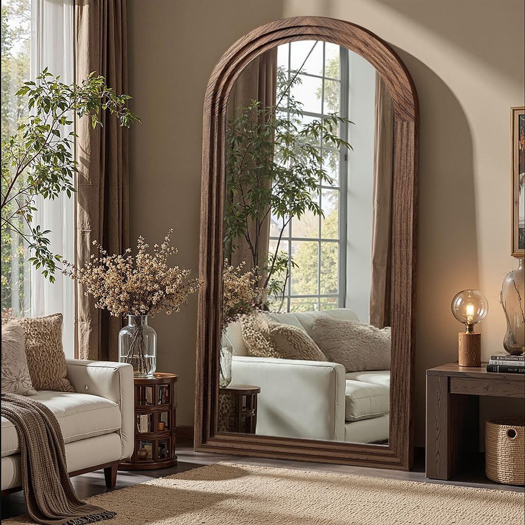Delma Arched Full Length Floor Mirror with Stand, 75x35 Rustic Farmhouse Solid Wood Frame Wall Mirror for Bedroom, Living Room, Vertical Hanging & Standing(Brown)