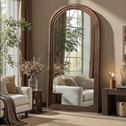 Delma Arched Full Length Floor Mirror with Stand, 75x35 Rustic Farmhouse Solid Wood Frame Wall Mirror for Bedroom, Living Room, Vertical Hanging & Standing(Brown)