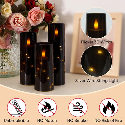Raycare Flameless Candle with Remote Timer, 3 Flickering Acrylic Battery Operated LED Pillar Candles with Embedded Star String for Christmas, Wedding, Home Table Decor, and as a Gift (Ivory White)