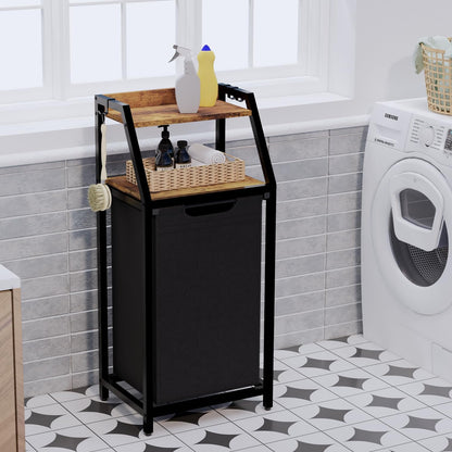 Timberer Laundry Hamper, Laundry Sorter 3 Section, Rolling Laundry Basket with Wheels, 2 Shelves, 3 × 14.5 Gal, Pull-Out and Removable Oxford Fabric Bags, for Laundry Room, Black and Rustic Brown