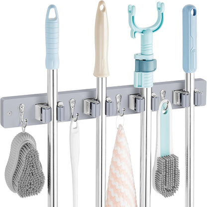 OUTNILI Mop and Broom Holder Wall Mount - Wood Broom Mop Hanger - Wall Mounted Garden Tool Rack Organizer for Closet Garage Laundry Room for Rustic Kitchen Decor With 5 Slots & 4 Hooks