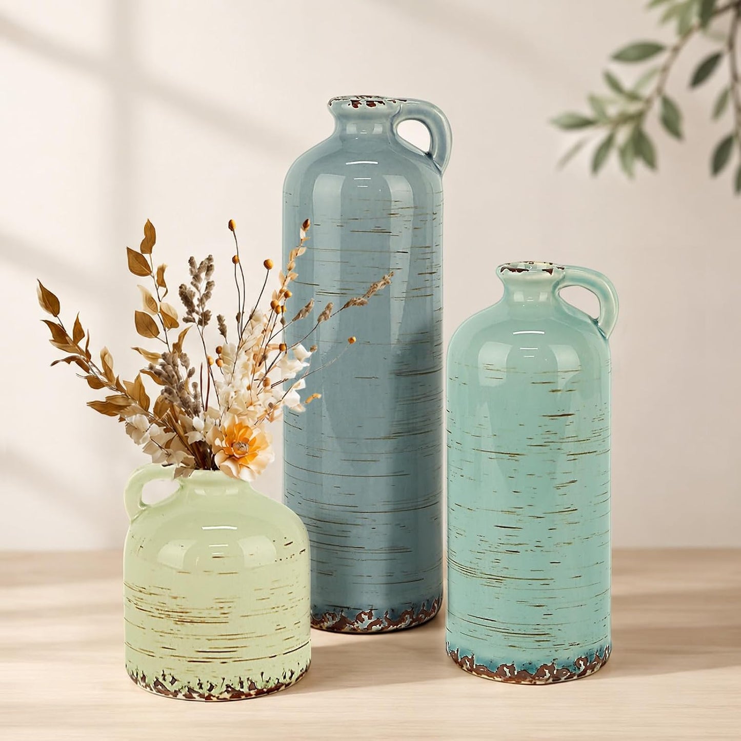 TBWIND Ceramic Vases Set of 3, Neutral Pottery Rustic Farmhouse Flower Vase | Small Decorative Flower Vases Modern Home Decor for Table Mantel Entryway Bookshelf Living Room Kitchen Bedroom