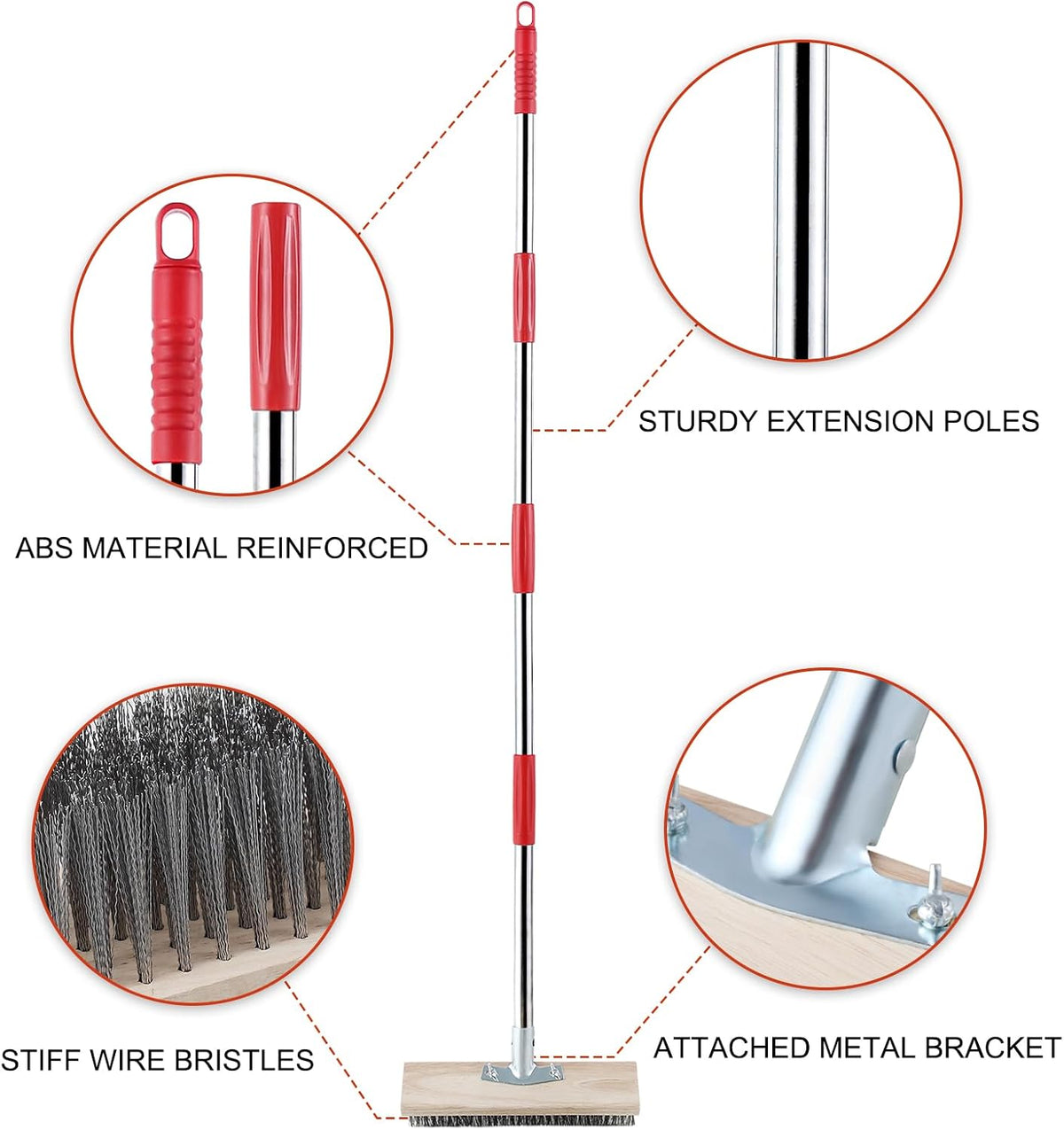 Mitclear Heavy Duty Wire Broom with Telescopic Handle(57IN), Stiff Metal Bristle Brush for Removing Weed Moss, Outdoor Floor Scrub Brush for Patio, Deck, Garden, Concrete, Garage