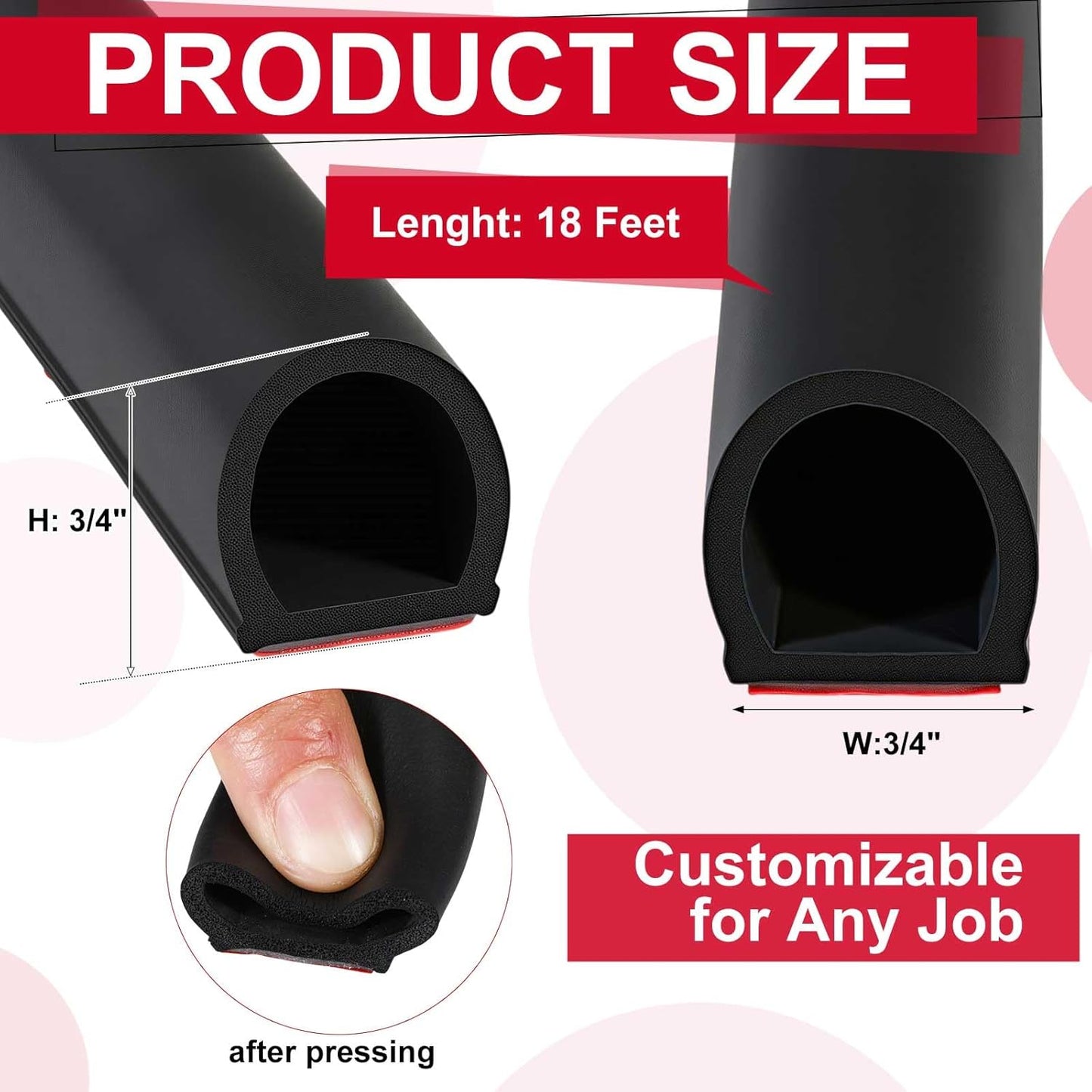 Pangda 10Ft D Shape Rubber Weather Stripping Foam Self-Adhesive EPDM Door Seal Strip for Noise Reduction Waterproof Dustproof for Cars Boats Truck RVs Windows Doors (3/4" W × 3/4" H)