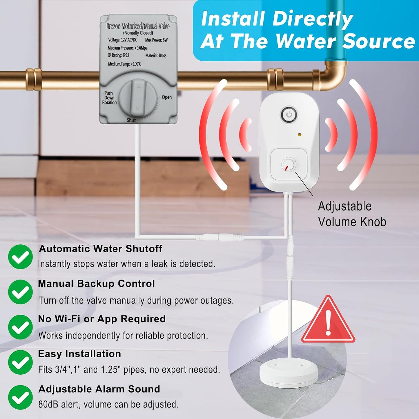 Water Leak Detector for Home, Water Alarm Leak Detector with Automatic Shutoff, Includes Leak Sensor and Water Valve, for 3/4-Inch Diameter Pipe, Protect Your Home from Water Damage