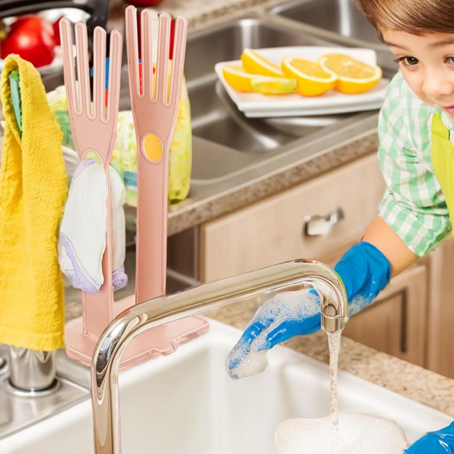 Kitchen Glove Holder, Finger Shape Plastic Dish Glove Dryer Holder with Hanging Hole, Detachable Glove Bag Drying Rack with Drain Tray for Long Gloves, Short Gloves, Rags