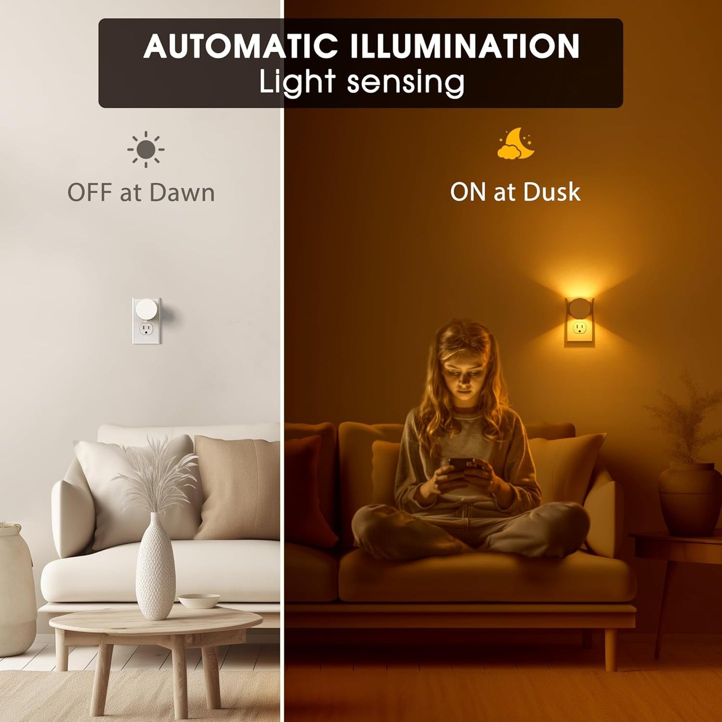 Briignite Night Lights Plug into Wall [2 Pack], White Night Light Dusk to Dawn Sensor Nightlight, Brightness Adjustable 3000K Soft White, Plug in Night Light for Bedroom, Hallway, Stairs, Kitchen