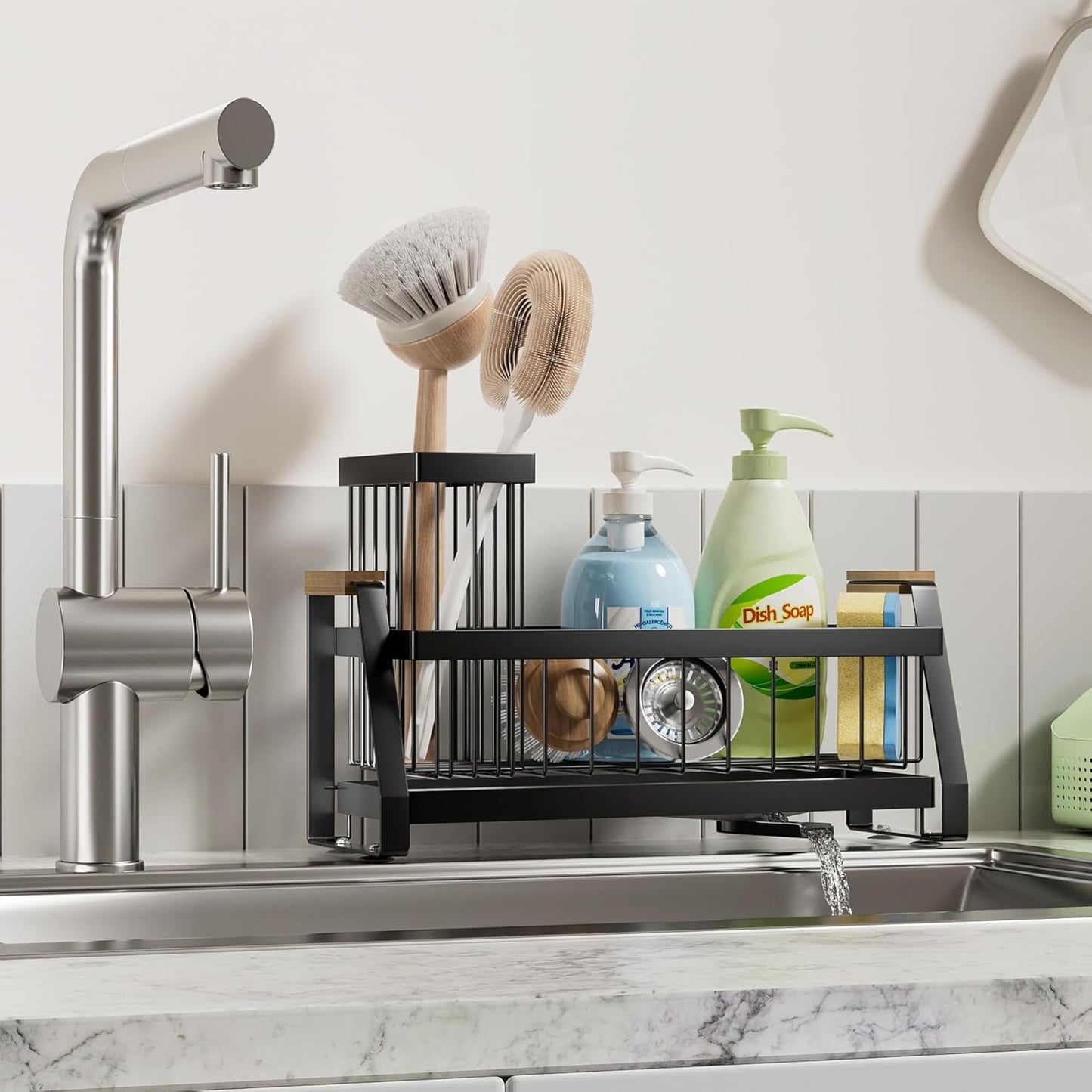 Sink Caddy Organizer with Wooden Handle & Self-Draining Tray, Trapezoid Kitchen Sponge Holder with Non-Slip Suction Cups , Organizer for Sponge, Brush, Soap Dispenser for Sink and Bathroom Countertop