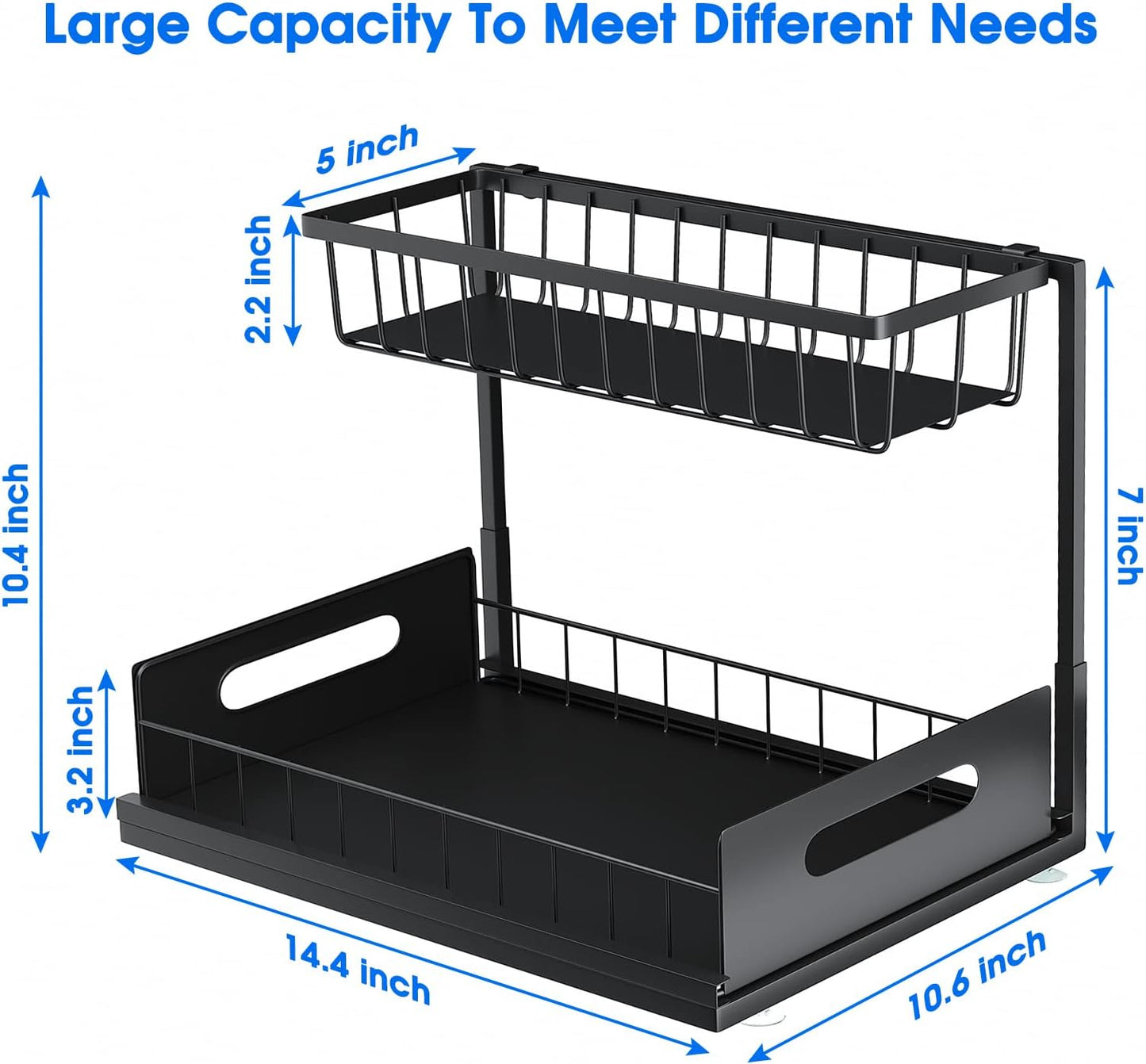 Under Sink Organizer, 2 Tier Pull-Out Cabinet Storage Shelf, Rust-Resistant Metal Organizer for Kitchen Bathroom Laundry Room, No Tools Installation, 1 Pack Black