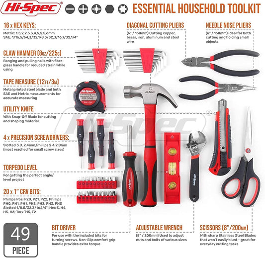 Hi-Spec 57pc Home Garage DIY Tool Kit Set. Complete Beginner Handyman and Home Mechanics Tool Box Set for Auto, Car, Bike and Household Repairs