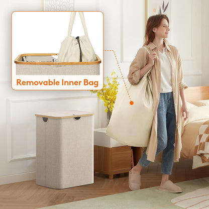 Lifewit 120L Laundry Basket with Lid, Clothes Hampers for Laundry with Bamboo Handles and 2 Removable Bag, Large Foldable Laundry Hamper for Bedroom, Bathroom, Dorm, Laundry Room, Beige