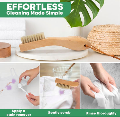Laundry Stain Remover Clothes Brush Set of 2 Natural Soft Boar Bristle White & Black for Scrubbing Out Tough Stains on Delicate Fabrics, Knits, Cotton, Linens, Small Brush