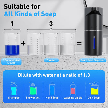 Fantictas Automatic Soap Dispenser,Touchless Hand Wall Mount Rechargeable 3 Gear Adjustable Electric Soap Dispenser 350ml with Infrared Motion Sensor for Bathroom,Kitchen,Office, Black Foam