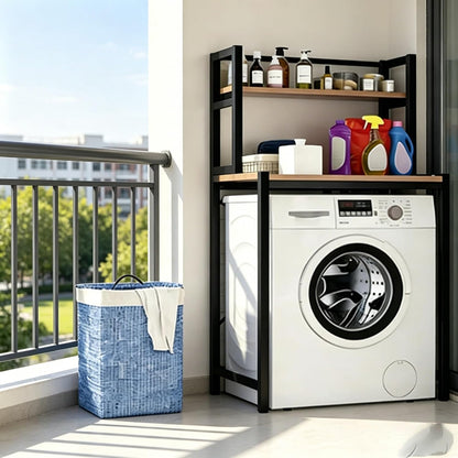 Laundry Room Space Saver Shelf, Over The Washer Dryer 2-Tier Storage Rack with Wood Top, Heavy-Duty Metal Frame Washing Machine Organizer Stand, Organization Unit for Bathroom, Balcony, Utility(Black)