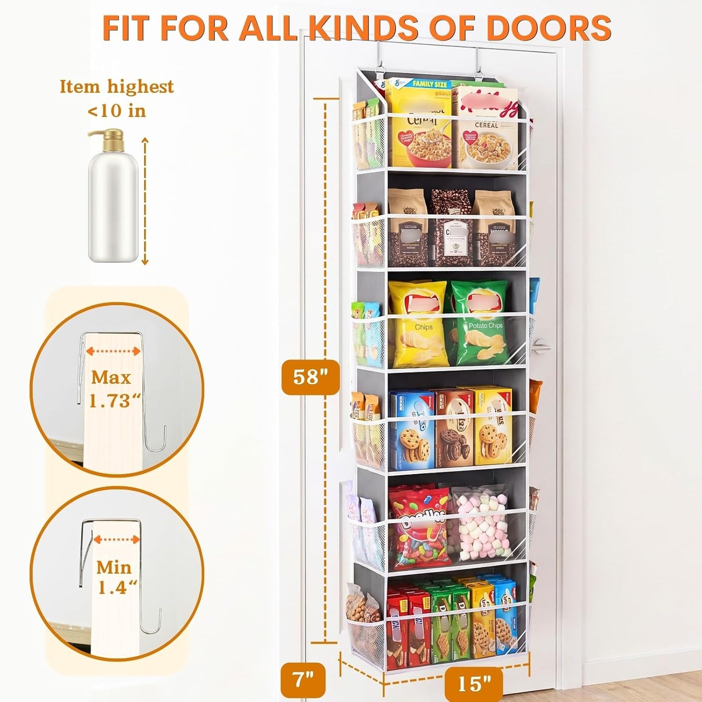 Over The Door Organizer, 5-Tier Extra Large Behind Door Storage with 10 Big Front & 10 Mesh Pockets, 80lb Capacity, Hanging Storage Organizer with Clear Window Kids Toys, Shoes, Diapers, Light Grey