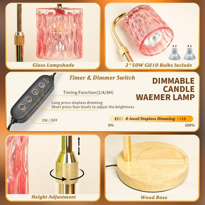 Candle Warmer Lamp with Timer and Dimmable, Electric Wax Melt Candle Warmers Height Adjustable with 2 Bulbs, Birthday Gifts for Women House Warming, Home Decor for Scented Jar Candles(Clear)