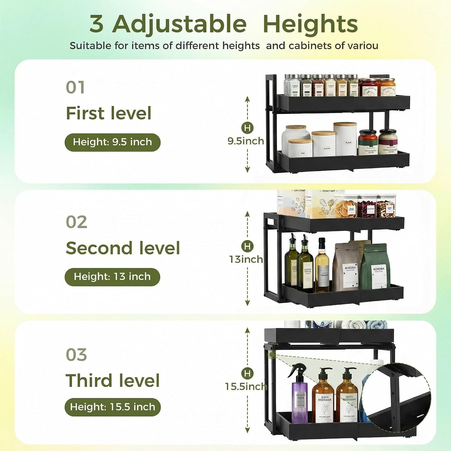 Abalter Expandable Pull Out Cabinet Organizer, 2-Tier Slide Out Drawer for Kitchen Cabinets, Adjustable Width 12–18.5", Slide Out Shelves for Kitchen, Bathroom, Pantry, Heavy Duty Caddy(White)