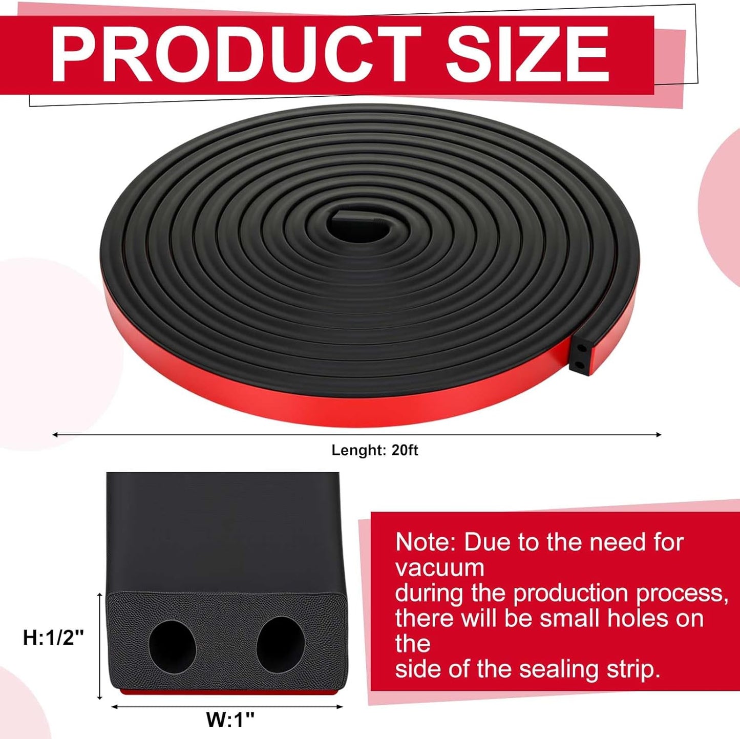Pangda 20 Ft Rectangular Rubber Seal Strip with Self-Adhesive Tape, 1" W x 1/2" H Foam Rubber Weather Stripping for Boat, Automobile, RV, Ship, Garage Door/Window Seal, Black (Double Hole)