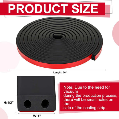 Pangda 20 Ft Rectangular Rubber Seal Strip with Self-Adhesive Tape, 1" W x 1/2" H Foam Rubber Weather Stripping for Boat, Automobile, RV, Ship, Garage Door/Window Seal, Black (Double Hole)