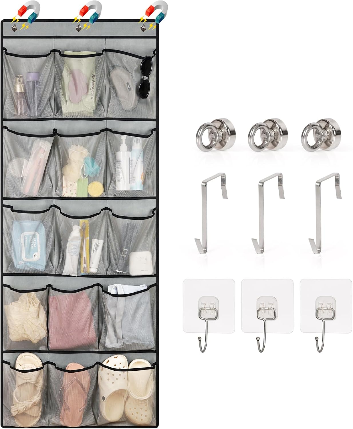 Over The Door Cruise Ship Organizer - Cruise Ship Magnetic Door Organizer with 15 Size-Graded Pockets, Hanging Magnetic Cruise Storage Shoe Rack for Cabin, 2026 Cruise Essential, 9 Hooks(White)