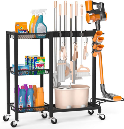 Broom Holder with Cleaning Supplies Organizer Load 160 LBS Cleaning Cart with Wheels Broom Closet Storage with 6 Mop Hanger Grippers, 3 Double-Hooks, Vacuum Stand for Laundry Garage Organization