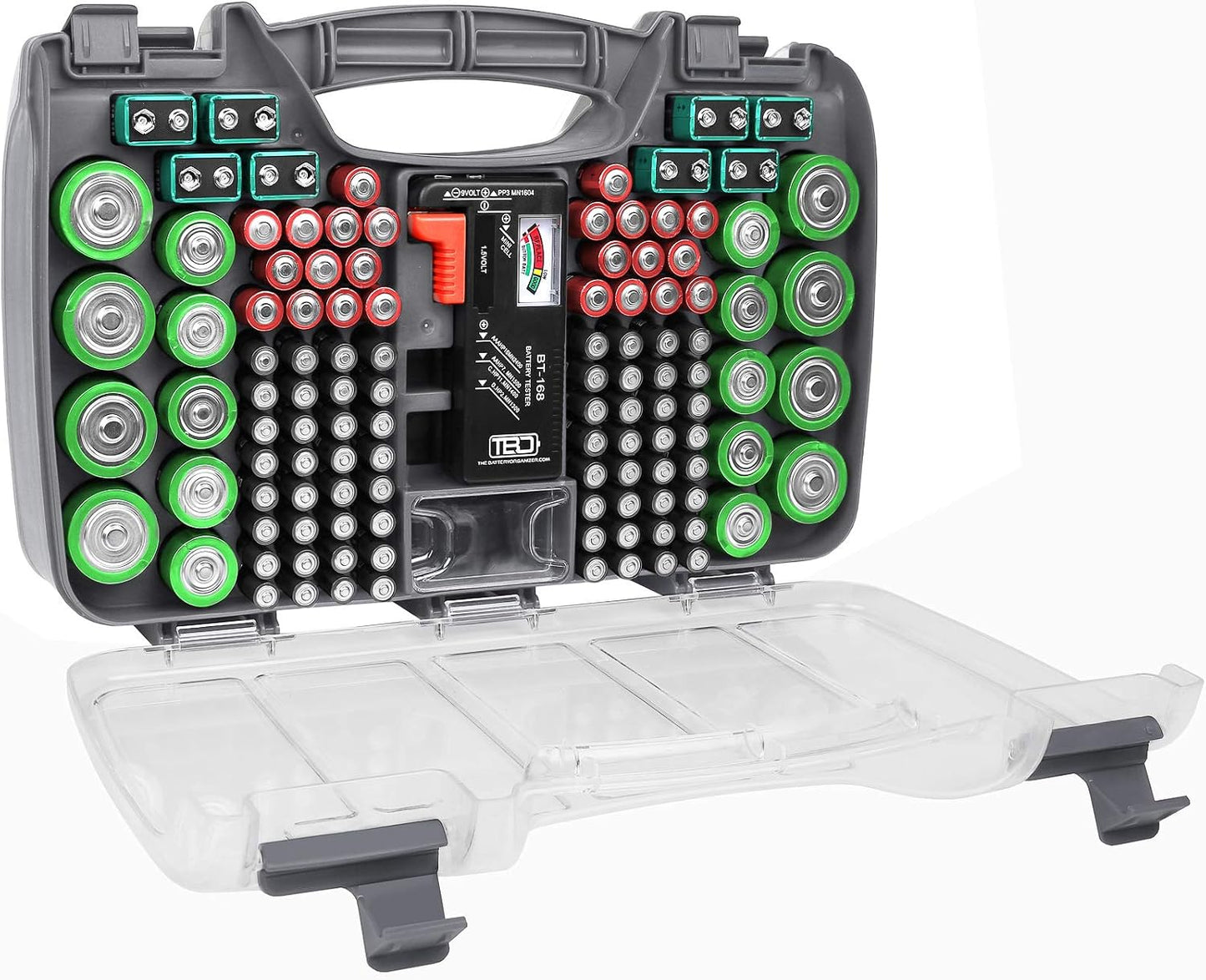 The Battery Organizer, Battery Storage Organizer Hinged Clear Cover with Locking Lid, Holds 180 Batteries, Includes a Removable Battery Tester, Holder for Garage Organization, Charcoal