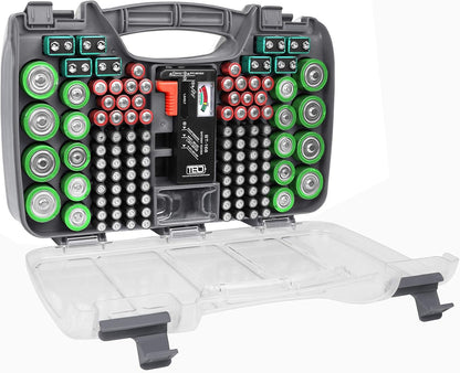 The Battery Organizer, Battery Storage Organizer Hinged Clear Cover with Locking Lid, Holds 180 Batteries, Includes a Removable Battery Tester, Holder for Garage Organization, Charcoal