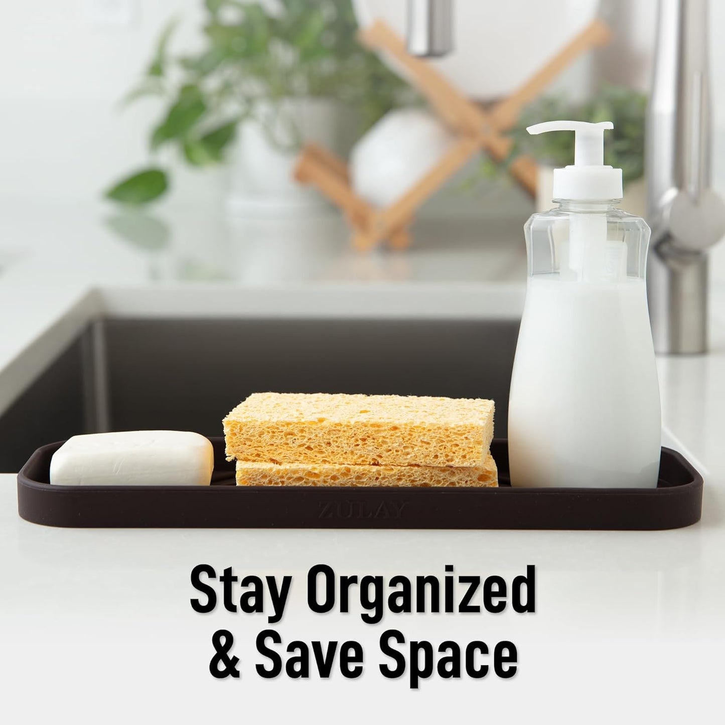 Zulay Kitchen (9x3.5in) Sponge Holder for Kitchen Sink - Flexible Heavy-Duty Multipurpose Sink Caddy - Counter Organizer for Kitchen, Bathroom, Makeup, Trinkets & More! (Grey)