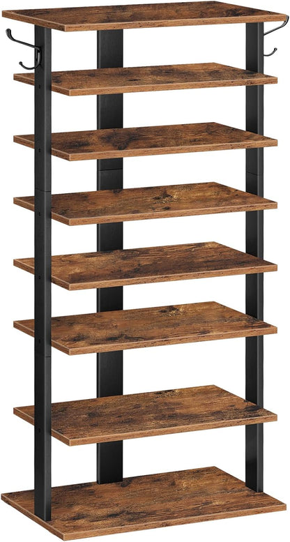 HOOBRO 8 Tiers Vertical Shoe Rack, Wooden Shoe Storage Organizer with Hooks, Narrow Shoe Tower for 8 Pairs, Space Saving, for Entryway, Living Room, Bedroom, Rustic Brown BF07XJ01G1