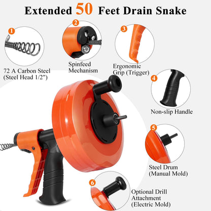 50 FT Plumbing Snake with Auto-Feed - Heavy Duty Drain Auger for Toilet/Sink/Shower/Bathtub Clogs, Drill-Compatible Sewer Snake Tool & Flexible Steel Cable - Snake Drain Hair Remover Tool
