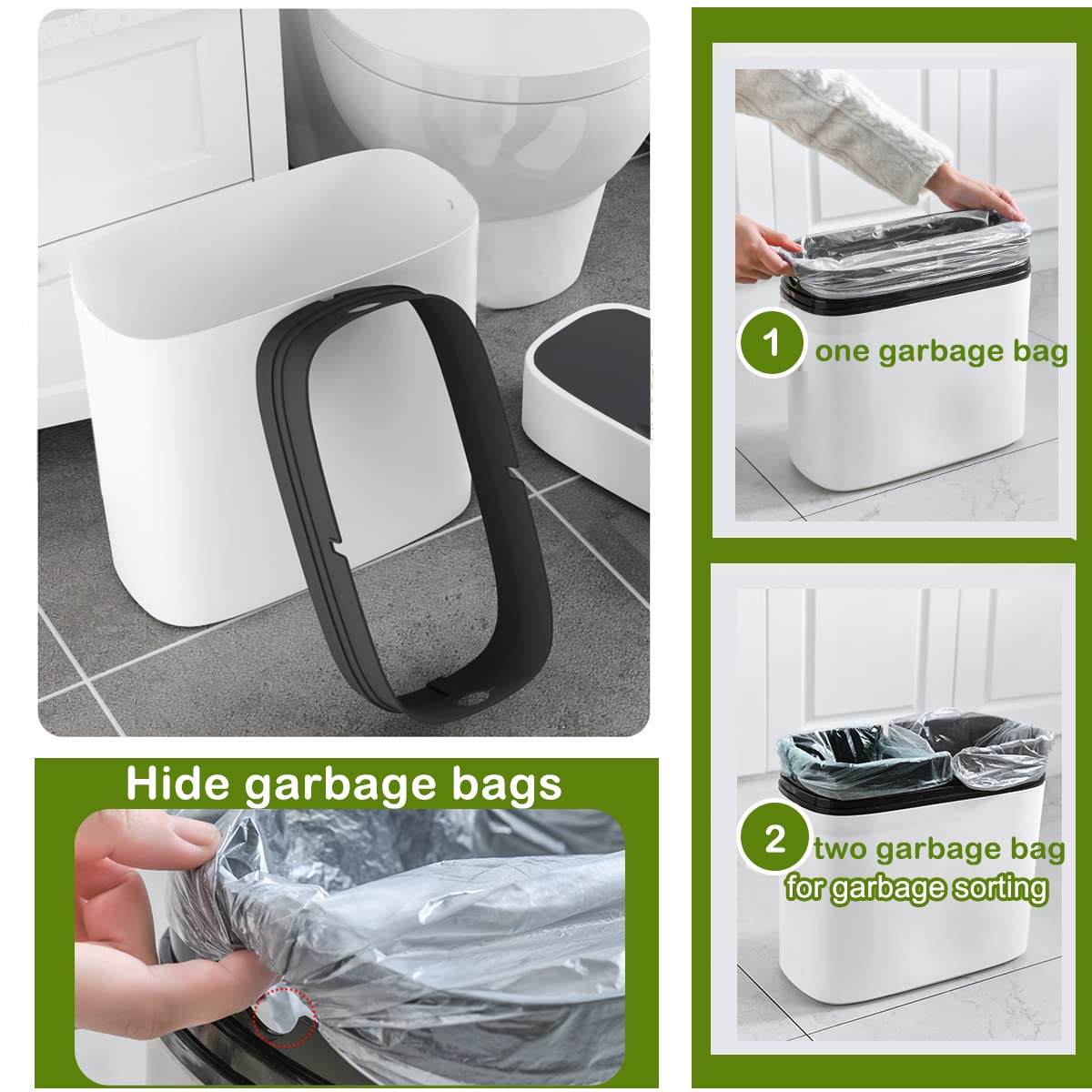 3.7 Gallons Bathroom Trash Can and Toilet Brush Set, 14 Liter Slim Trash Can with Toilet Brush Holder Set for RV, Black lid