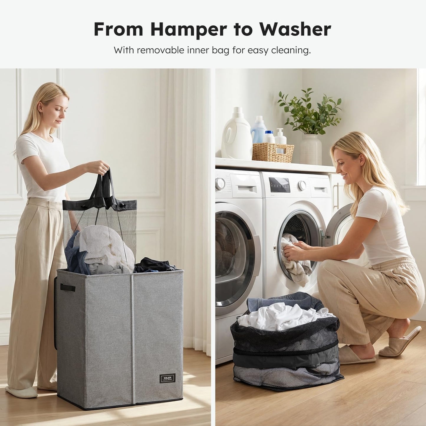 SOLEDI Luxury Double Laundry Hamper with Lid and Removable Bags, 38.3 Gal Large Laundry Bin, Laundry Basket 2 Sections, Collapsible Clothes Hamper for Bedroom, Laundry Room, Bathroom, Off-white