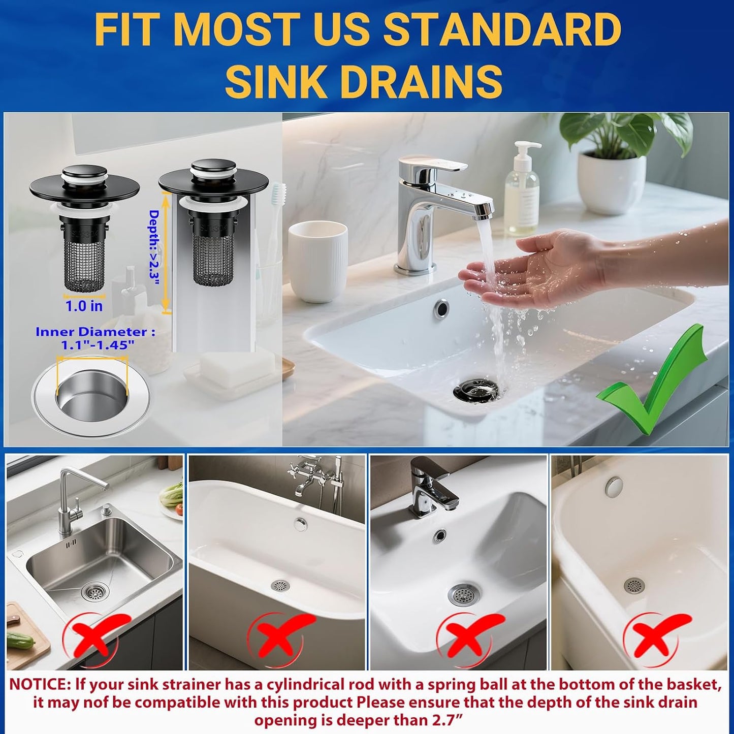 2PCS Bathroom Sink Stopper Strainer, Pop-Up Bathroom Sink Drain Strainer with Removable Stainless Steel Hair Catcher Basket, Universal Fit for US Bathroom Sinks, Bathtubs, Showers & Floor Drains