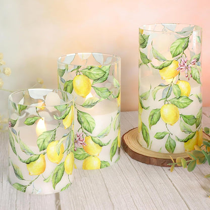 Glass Flameless Candles Flickering Battery Operated LED Pillar Candles Set of 3 with Timer and and 10-Key Remote Green Branch Floral Spring Summer Theme for Wedding Festival Home Decoration