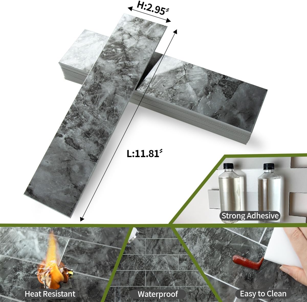 AULIGET 40-Piece Polished White Marble with Gold Peel and Stick Backsplash Wall Tiles, 3" x 12" PVC Faux Stone Stick on Tiles for Backsplash Kitchen, Bathroom, Laundry Room, Camper, Fireplace