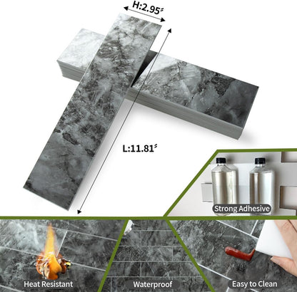 AULIGET 40-Piece Polished White Marble with Gold Peel and Stick Backsplash Wall Tiles, 3" x 12" PVC Faux Stone Stick on Tiles for Backsplash Kitchen, Bathroom, Laundry Room, Camper, Fireplace