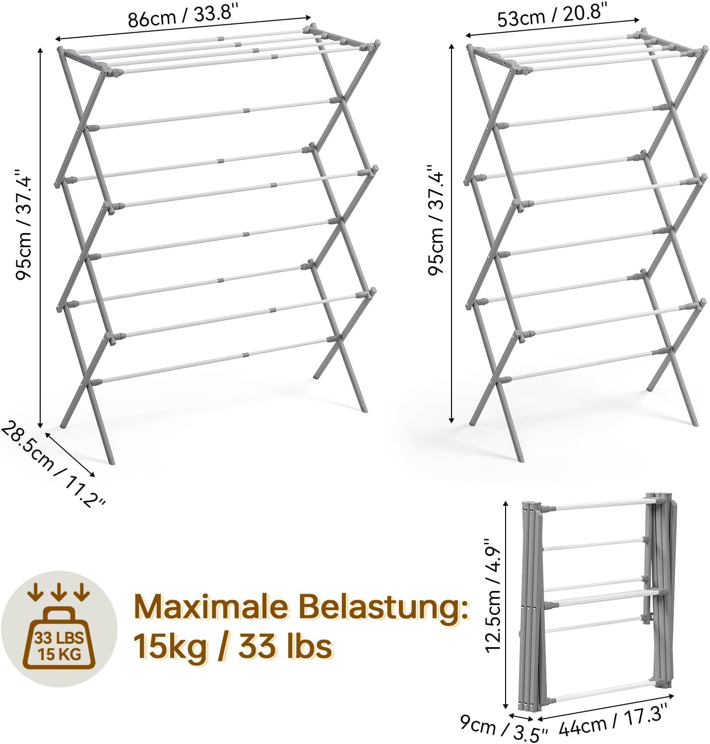 KINGBOARD Clothes Drying Rack, Collapsible Drying Rack Clothing with 11 Poles, 3-Tier Laundry Drying Rack, Small Clothes Drying Rack Foldable for Baby Clothes Sock Towel, 25lb Capacity, White