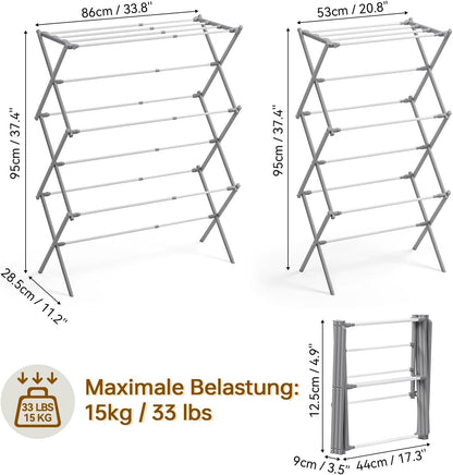 KINGBOARD Clothes Drying Rack, Collapsible Drying Rack Clothing with 11 Poles, 3-Tier Laundry Drying Rack, Small Clothes Drying Rack Foldable for Baby Clothes Sock Towel, 25lb Capacity, White