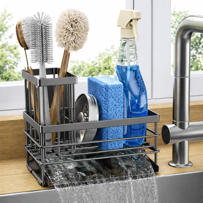 Cisily Sink Caddy Sponge Holder for Kitchen with Brush Holder and Stainless Steel Self Drain Tray, Rustproof Kitchen Sink Organizer for Sponge, Soap Dispenser Storage Accessories (Black)