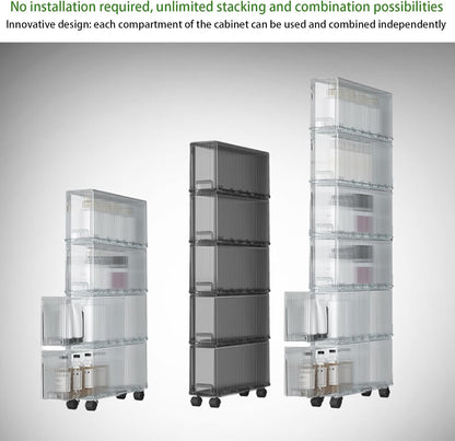 Slim Storage Cabinet with Wheels, Space Saving Narrow Rolling Cart, Thickened PET Transparent Drawer Organizer, Mobile Bathroom for Small Spaces Kitchen Laundry(Clear White,3.9*15.9*16.7in)