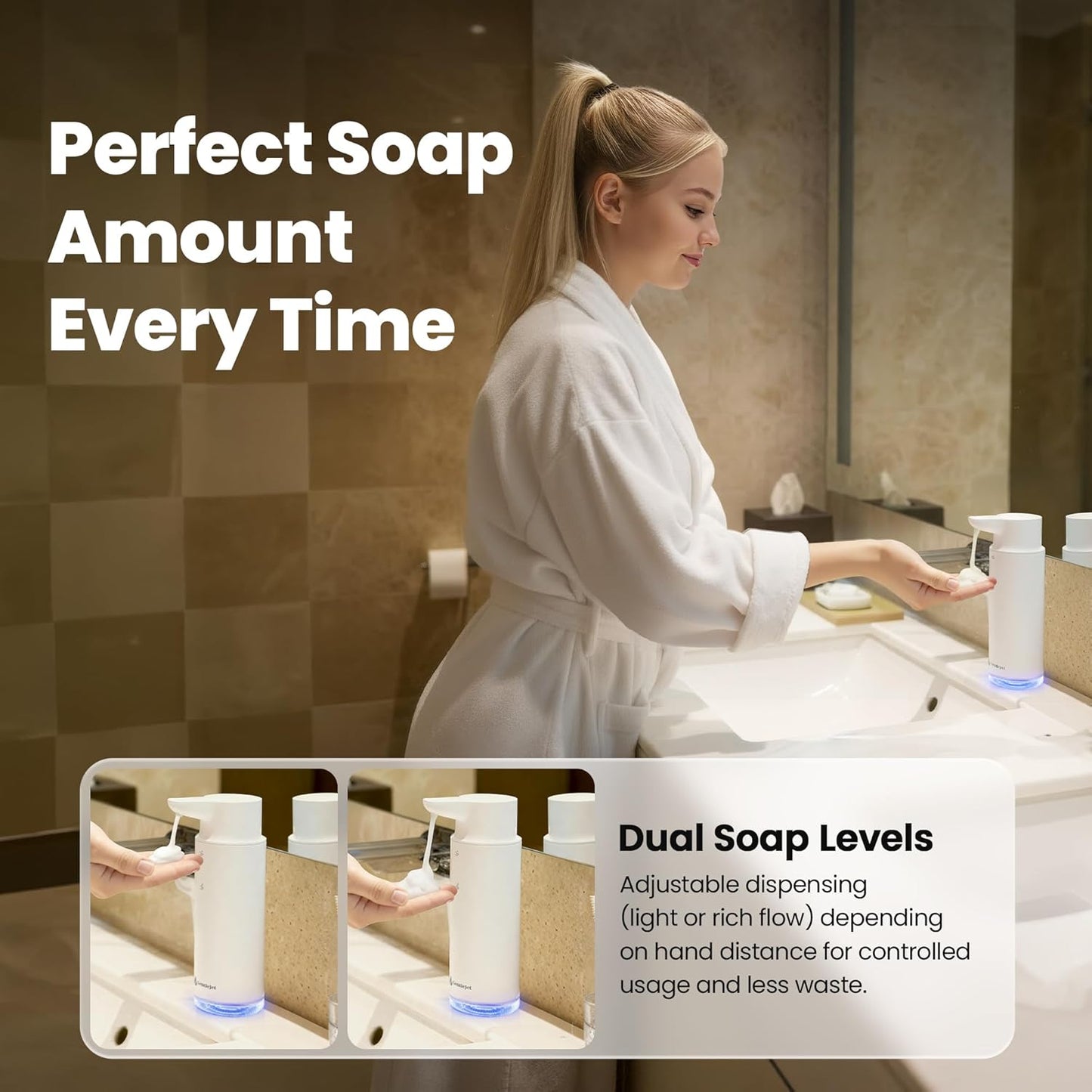 GentleJet CrystalJet Automatic Foam Soap Dispenser – Stainless Steel, Touchless Sensor, USB-C Rechargeable, Waterproof, Modern Bathroom & Kitchen Sink, 300 ml