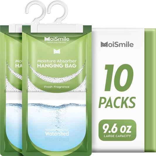Moisture Absorbers Bag 10 Pack, Hanging Dehumidifier Bags for Closet, Car, Bathrooms, Humidity Absorber Packs with Fresh Fragrance, 9.6OZ