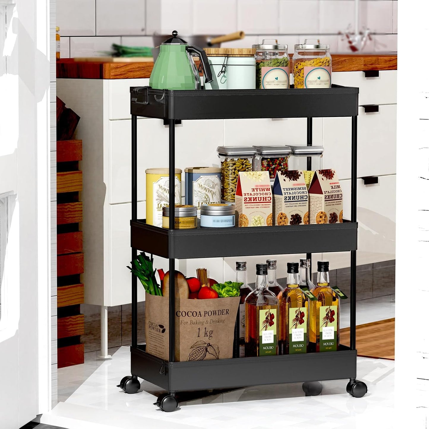 SPACEKEEPER 5-Tier Rolling Cart, Bathroom Storage Organizer Utility Cart, Mobile Shelving Unit Slide Out Shelves for Kitchen Living Room Laundry Room & Dressers, Black