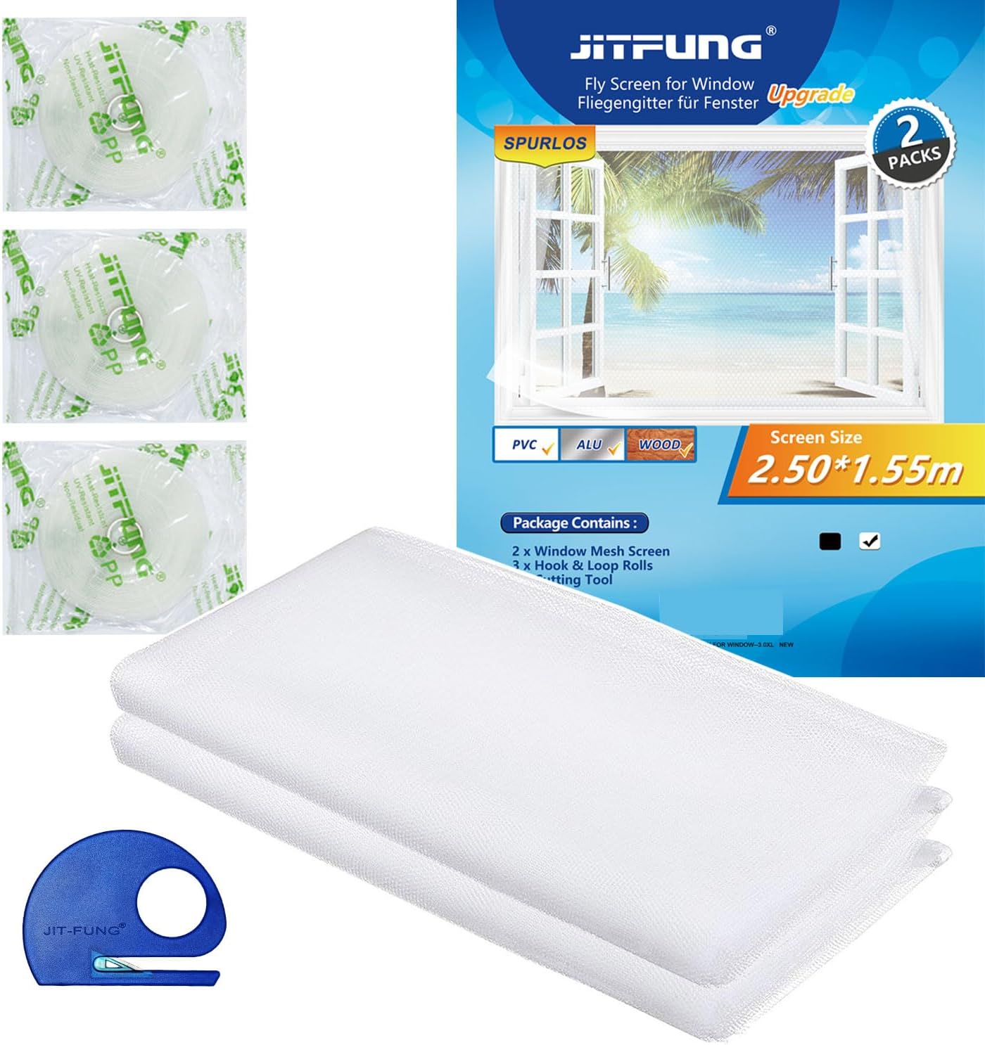DIY Window Screen Curtain, 2 Packs of Mesh Netting 51 * 61 inches with [Upgrade] Self-Adhesive Hook Tapes & Cutter, Suitable for Multiple Windows, White (Set of 2)
