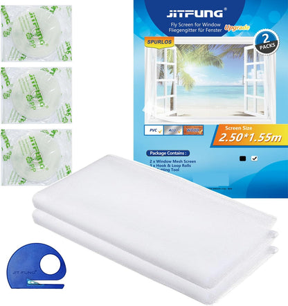 DIY Window Screen Curtain, 2 Packs of Mesh Netting 51 * 61 inches with [Upgrade] Self-Adhesive Hook Tapes & Cutter, Suitable for Multiple Windows, White (Set of 2)