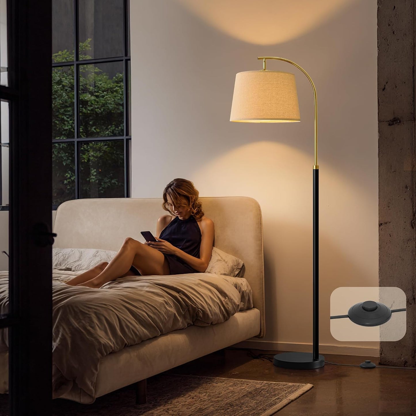G-SAFAVA Real Wood Floor Lamps for Living Room Bedroom, 62.5" Mid Century Modern Lamp Gold Standing Tall Arc Lamps with Foot Switch, Floor Lamps for Nursery Office Decor Corner Reading Room Light