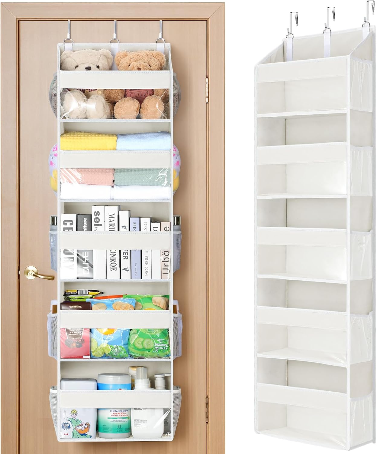 Yecaye Over the Door Organizer 5 Tiers, Heavy Duty Hanging Storage with 5 Large Clear PVC Pockets and 10 Side Pockets, 56lbs Capacity for Closet Door Bathroom Bedroom Nursery Dorm Laundry Room, Grey