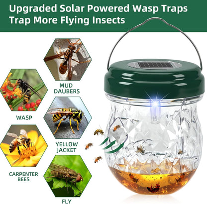 2026 Solar Wasp Traps Outdoor Hanging, Reusable Yellow Jacket Traps with LED Light, IP65 Waterproof Hornet Trap & Wasp Catcher for Outside Patio Garden Patio Backyard Camping (4 Pack)