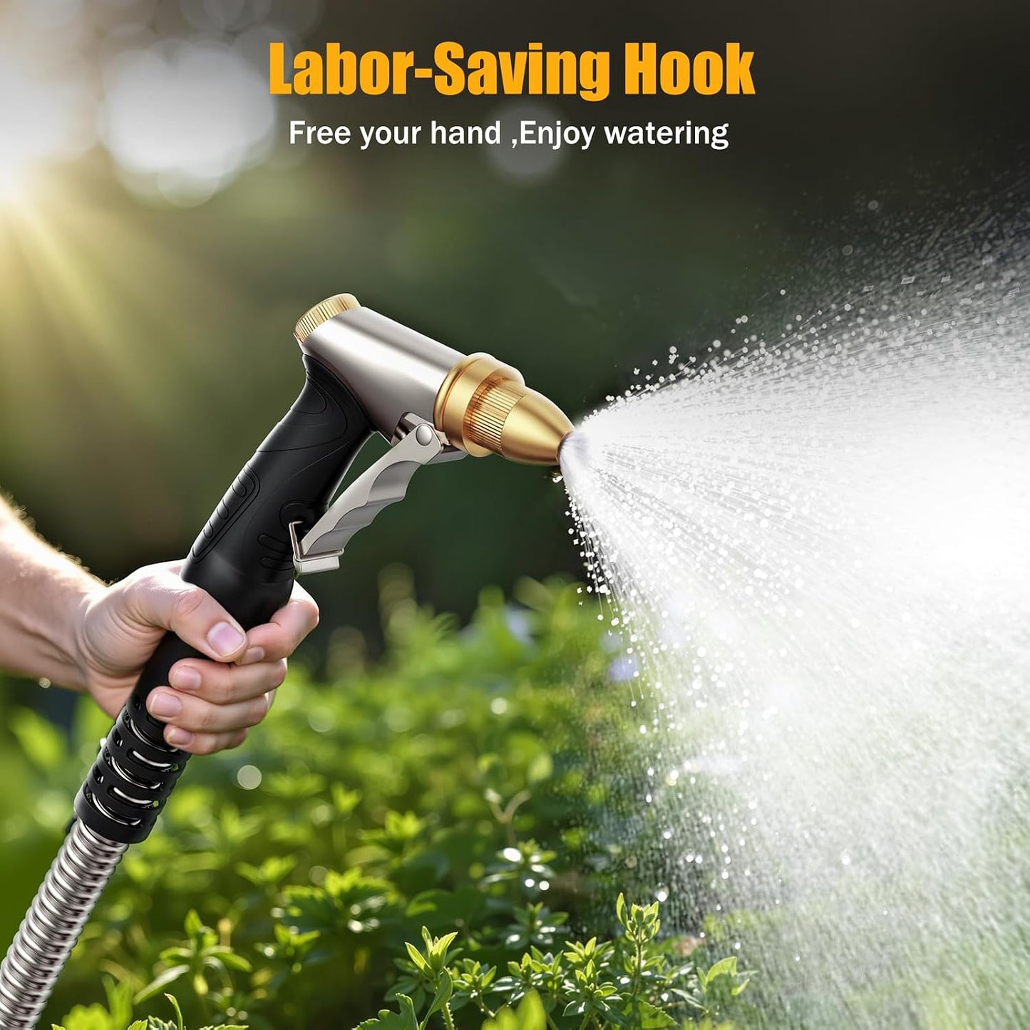 Heavy Duty Brass Garden Hose Nozzle High Pressure Metal Water Spray Nozzle with 4 Adjustable Patterns for Garden Watering, Car Washing & Pet Bathing (Brass)