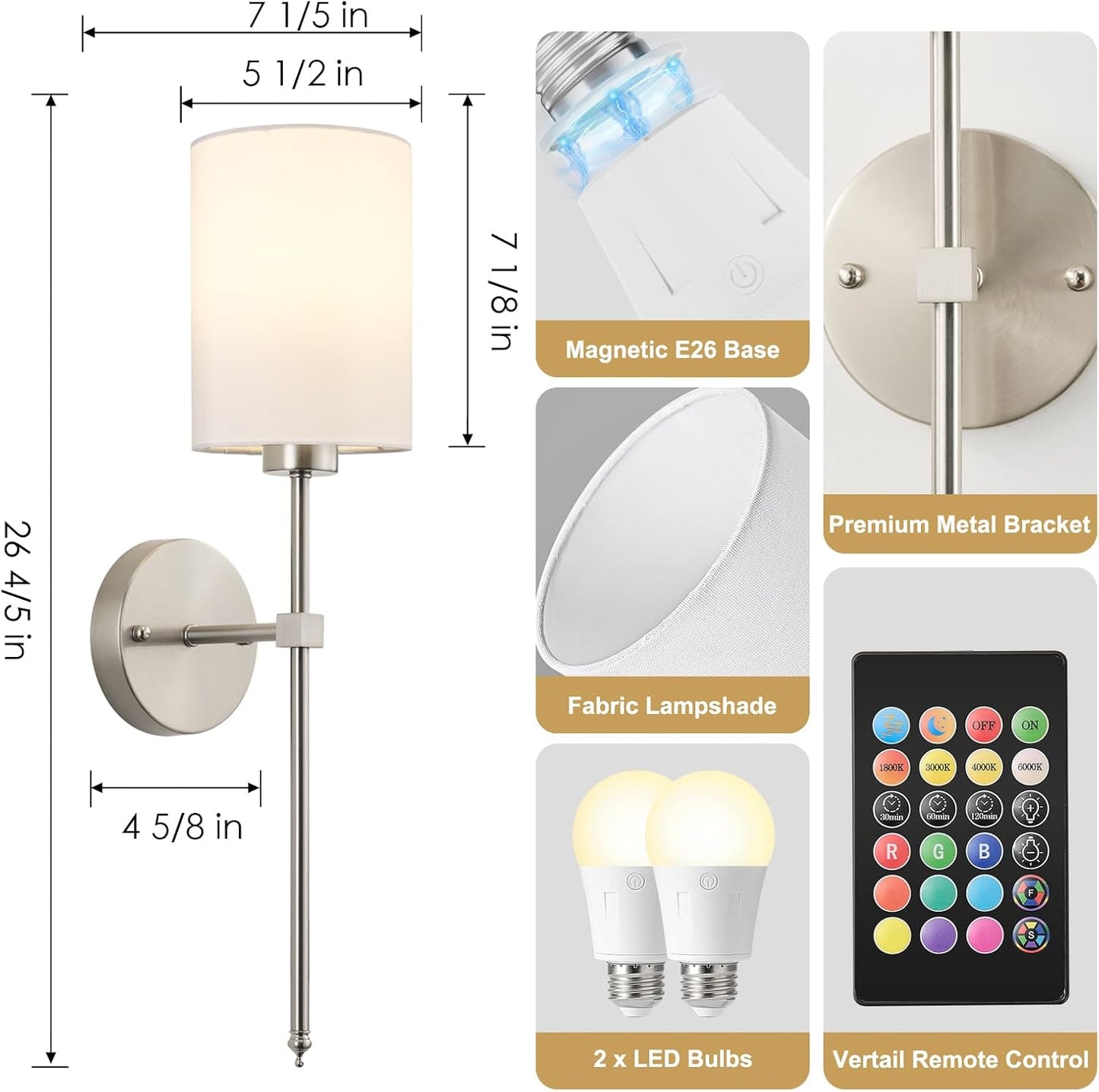 Battery Operated Wall Sconces Set of Two,Wireless Rechargeable Wall Light With Remote Control, Dimmable, Amber Light/Warm White/Natural White/Daylight/RGB, Timer,for Living Room,Bedroom,Entryway,Gold